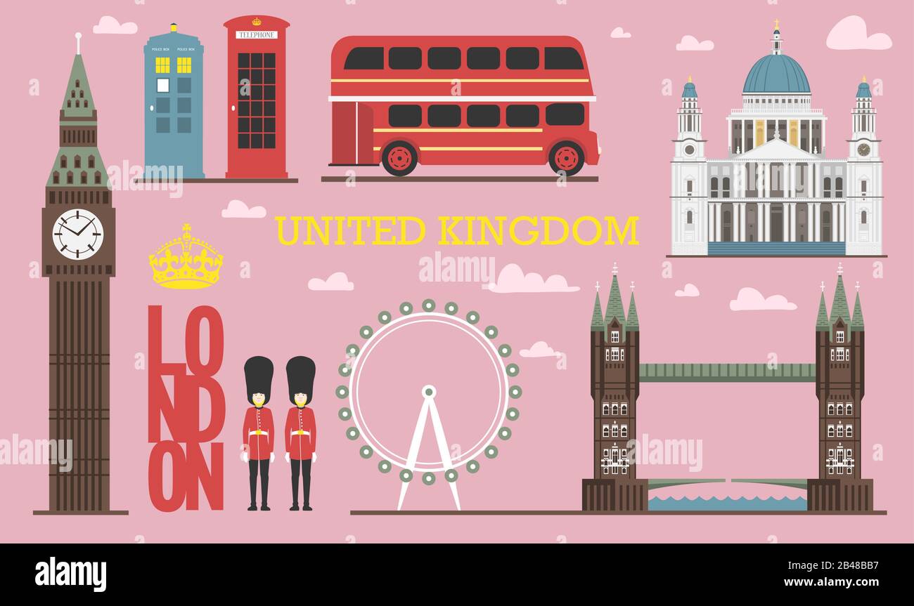 England architecture info graphic. Vector illustration, Big Ben in London, tower bridge and double decker bus, Police box, St Pauls Cathedral, queens Stock Vector