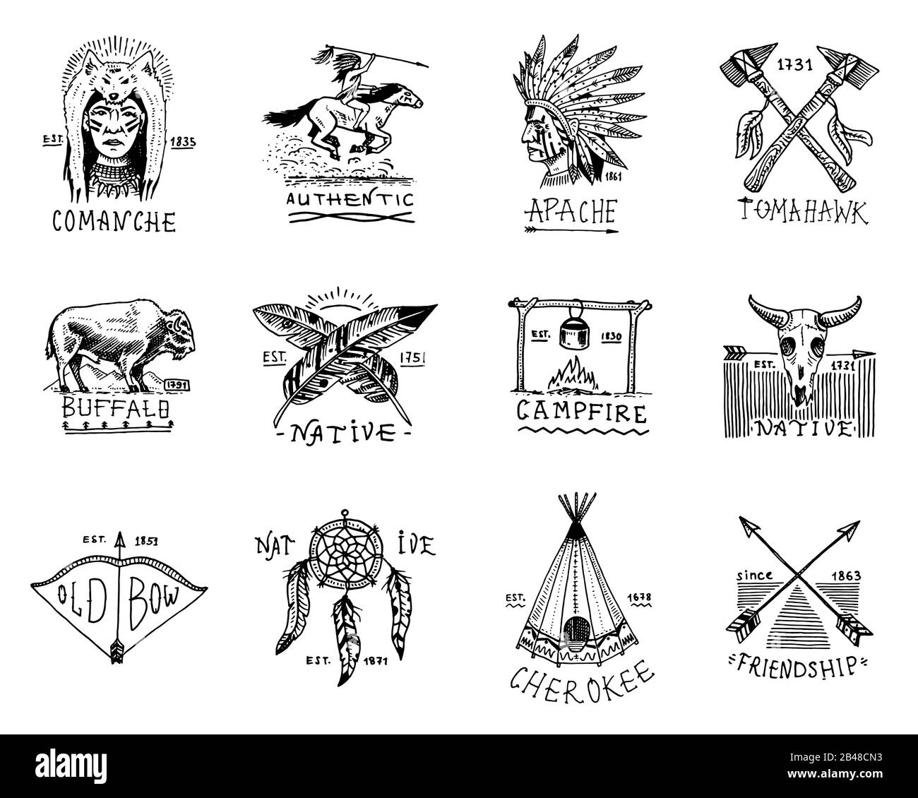 Indian badges and native american labels. Set of elements. Hand drawn engraved vintage buffalo, axes and tent, arrows and bow, skull, dreamcatcher and Stock Vector
