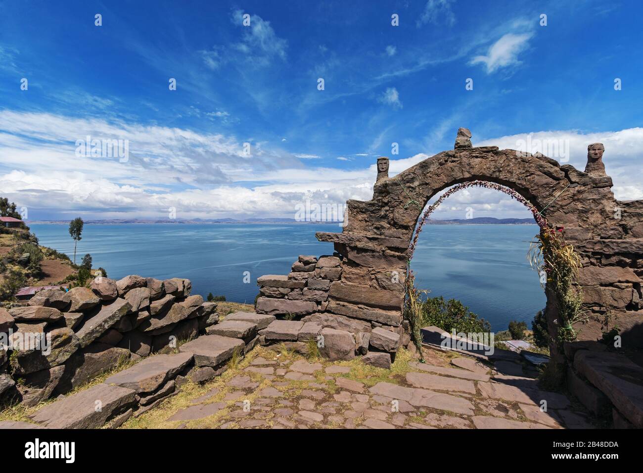 One of the arches of the Taquile Island located on Titicaca Lake, Perù Stock Photo