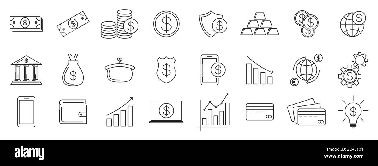 Money and finance outline icons. Set of Bank line icons. Vector ...