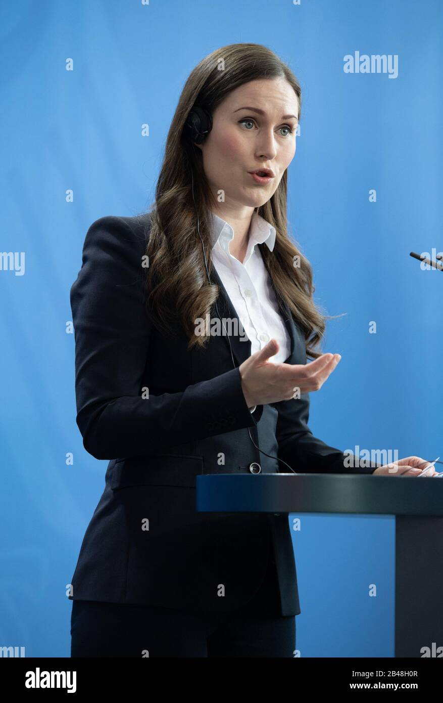 Prime Minister Sanna MARIN press briefing of the Prime Minister of the Republic of Finland and the Chancellor at the Federal Chancellery, Berlin, Germany on February 19, 2020. | usage worldwide Stock Photo