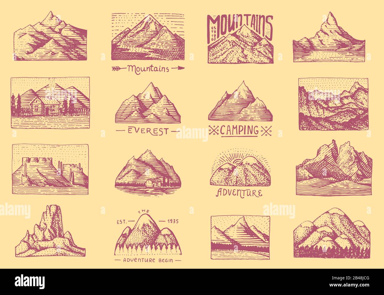Mountain peaks badges. Set of labels for camping, hiking and hunting ...