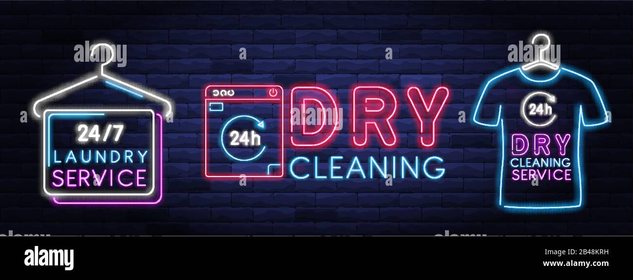 Dry cleaning service neon banner Stock Vector