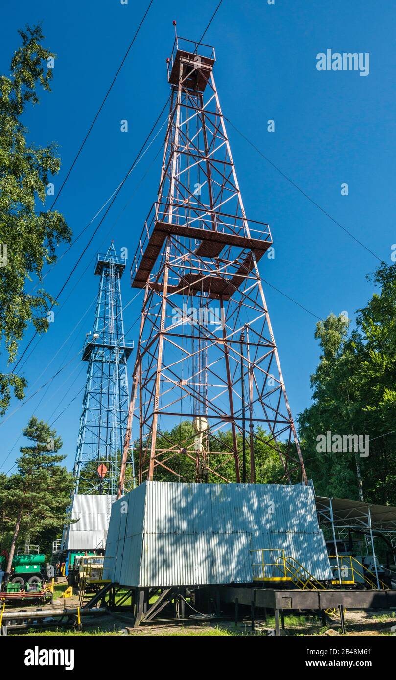 Drilling rigs used in 1960's, Ignacy Lukasiewicz Museum of Oil and Gas Industry in Bobrka, Malopolska, Poland Stock Photo