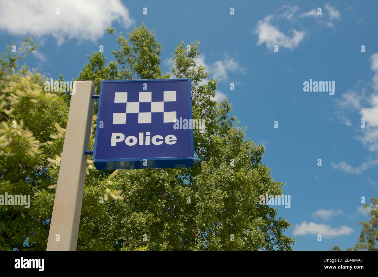 Eumundi, Queensland, Australia - 1st February 2020: View of the australian Police sign against a blue sky located outside a police station in Eumundi, Stock Photo