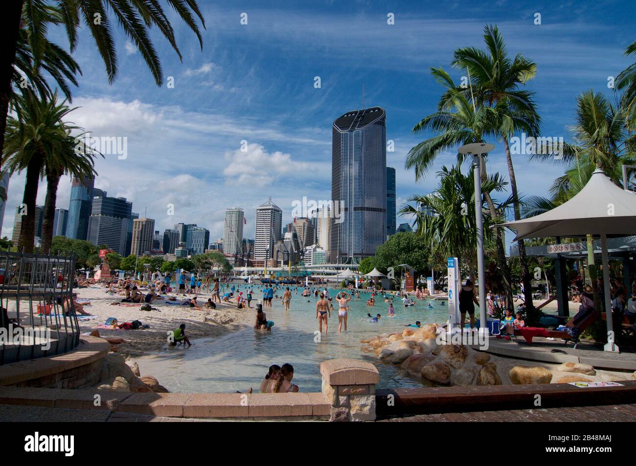 Brisbane, Queensland, Australia - 27th January 2020 : View of South Bank artificial street beach and pools on a sunny day with many tourists enjoying Stock Photo
