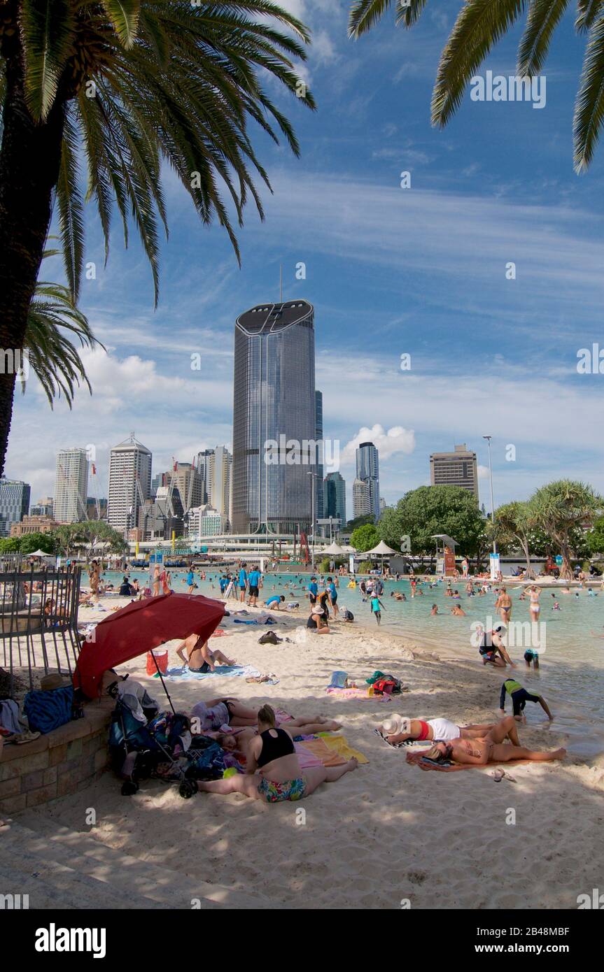 Brisbane, Queensland, Australia - 27th January 2020 : View of South Bank artificial street beach and pools on a sunny day with many tourists enjoying Stock Photo