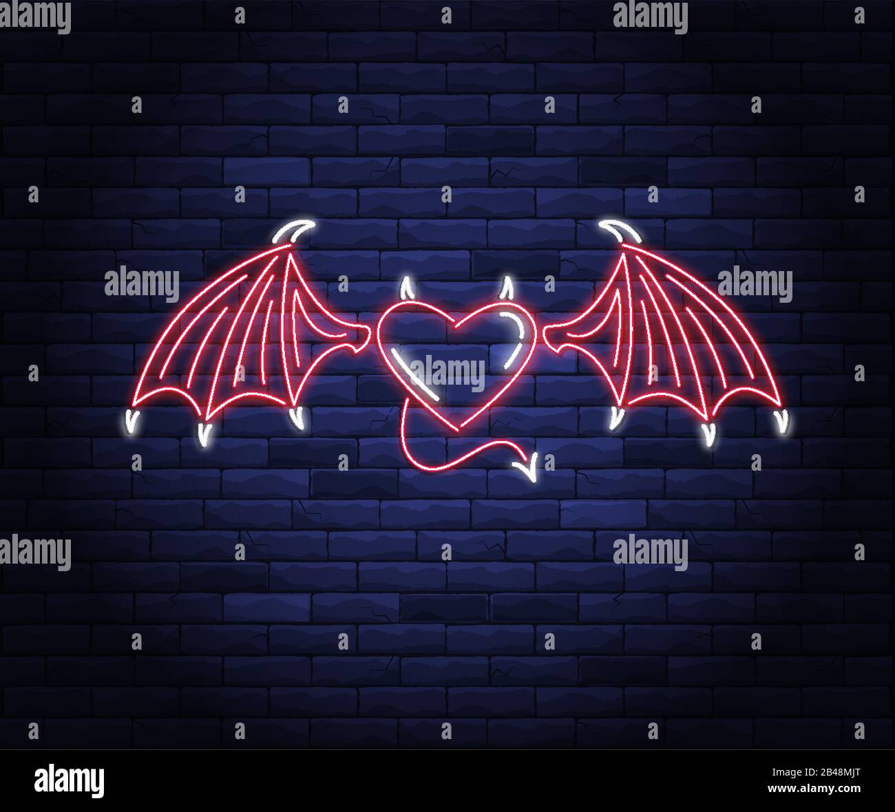 Illuminated neon heart with devil wings Stock Vector