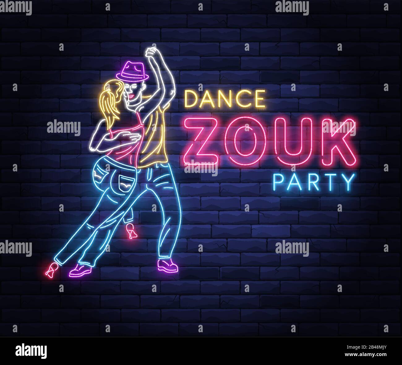 Zouk dance party colorful neon banner Stock Vector
