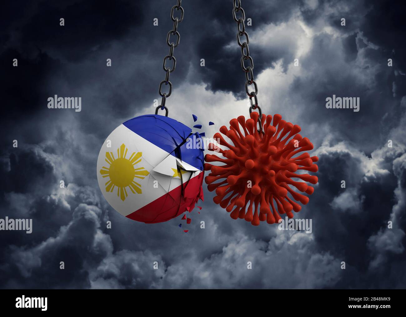 Philippines ball smashes into a virus disease microbe. 3D Render Stock ...