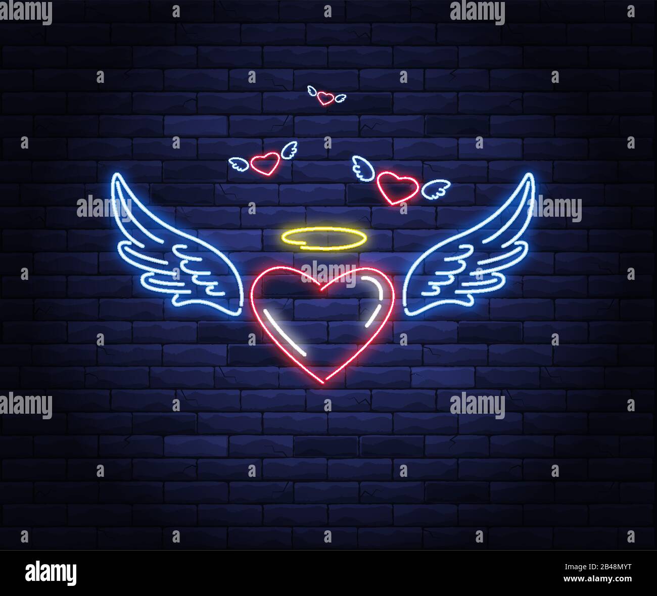 Illuminated Neon Heart With Angel Wings And Halo Stock Vector Image