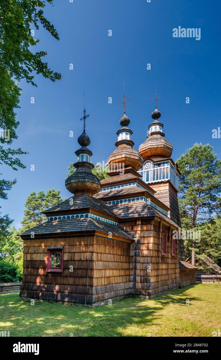 Greek Catholic Church, 1801, wood shingle siding, from Ropki, Lemkos ethnic group, Rural Architecture Museum in Sanok, Malopolska, Poland Stock Photo