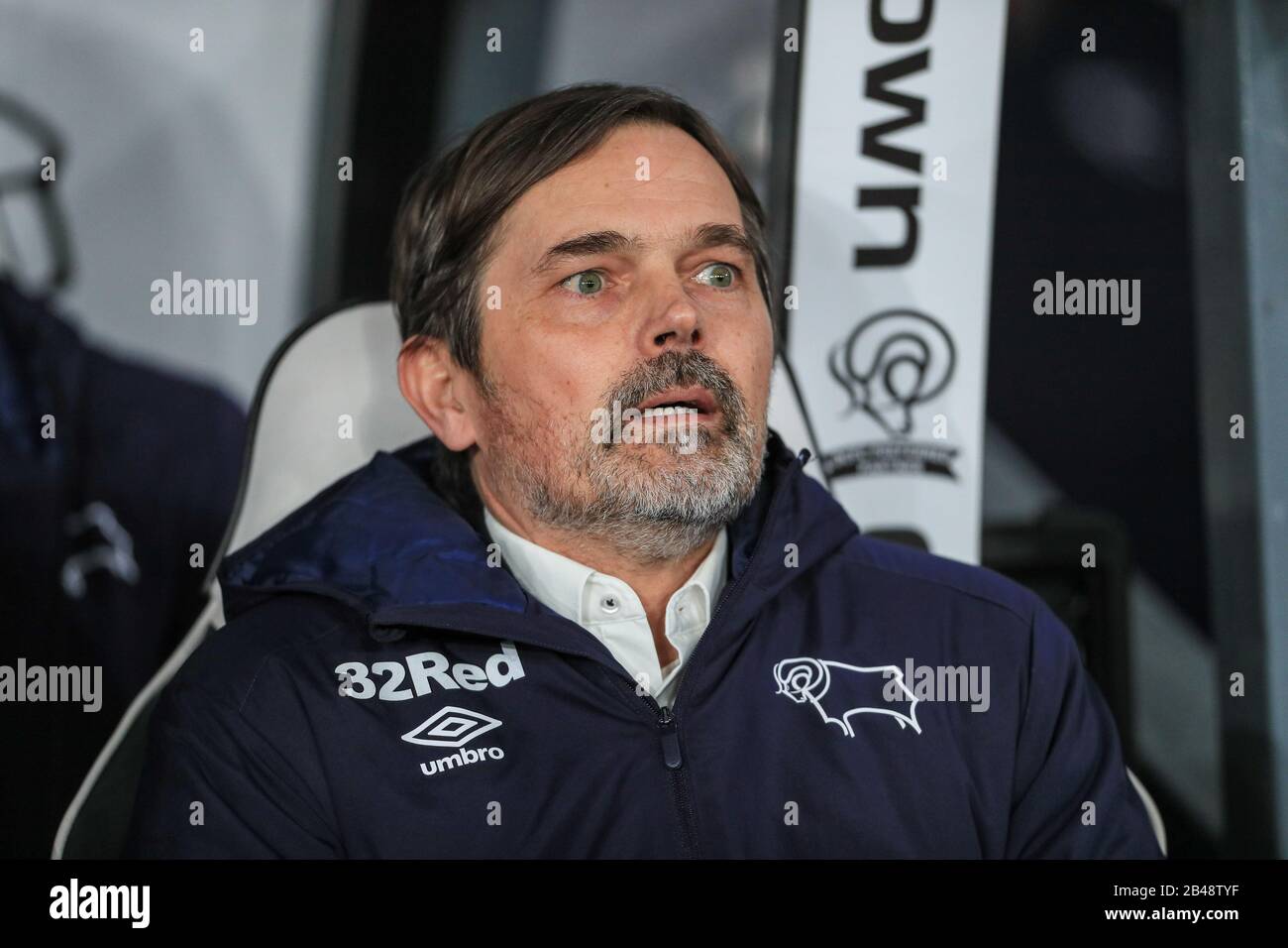 5th March 2020, Pride Park Stadium, Derby, England; Emirates FA Cup 5th Round, Derby County v Manchester United : Phillip Cocu manager of Derby County on the bench before kick-off Stock Photo