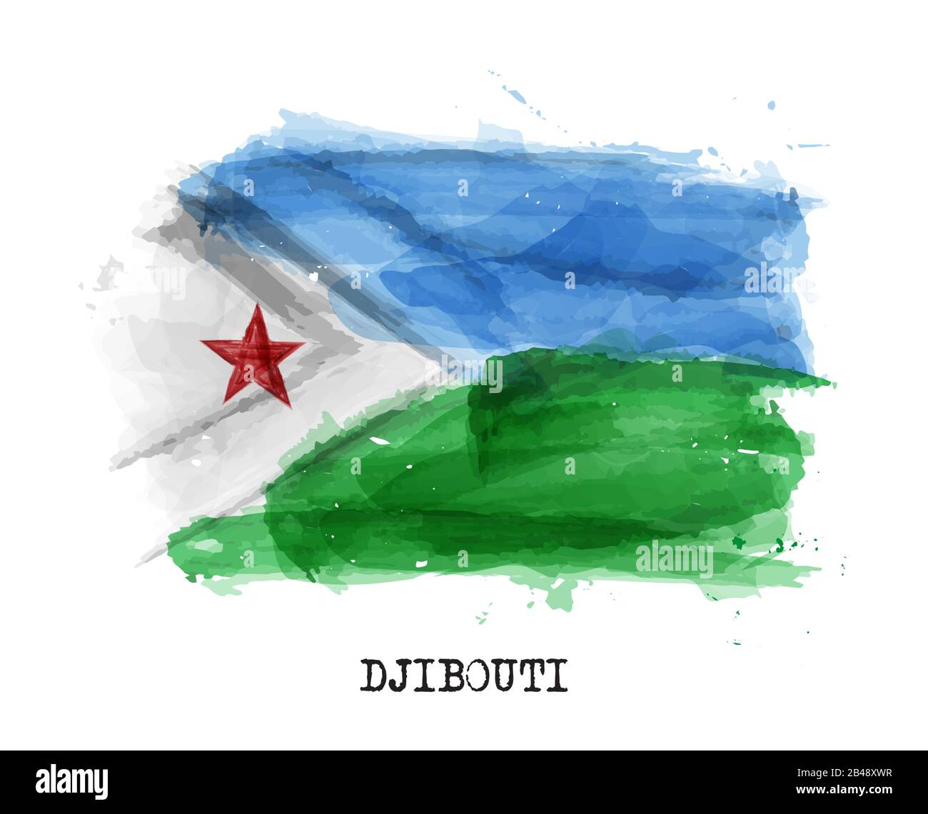 Realistic watercolor painting flag of Djibouti . Vector . Stock Vector