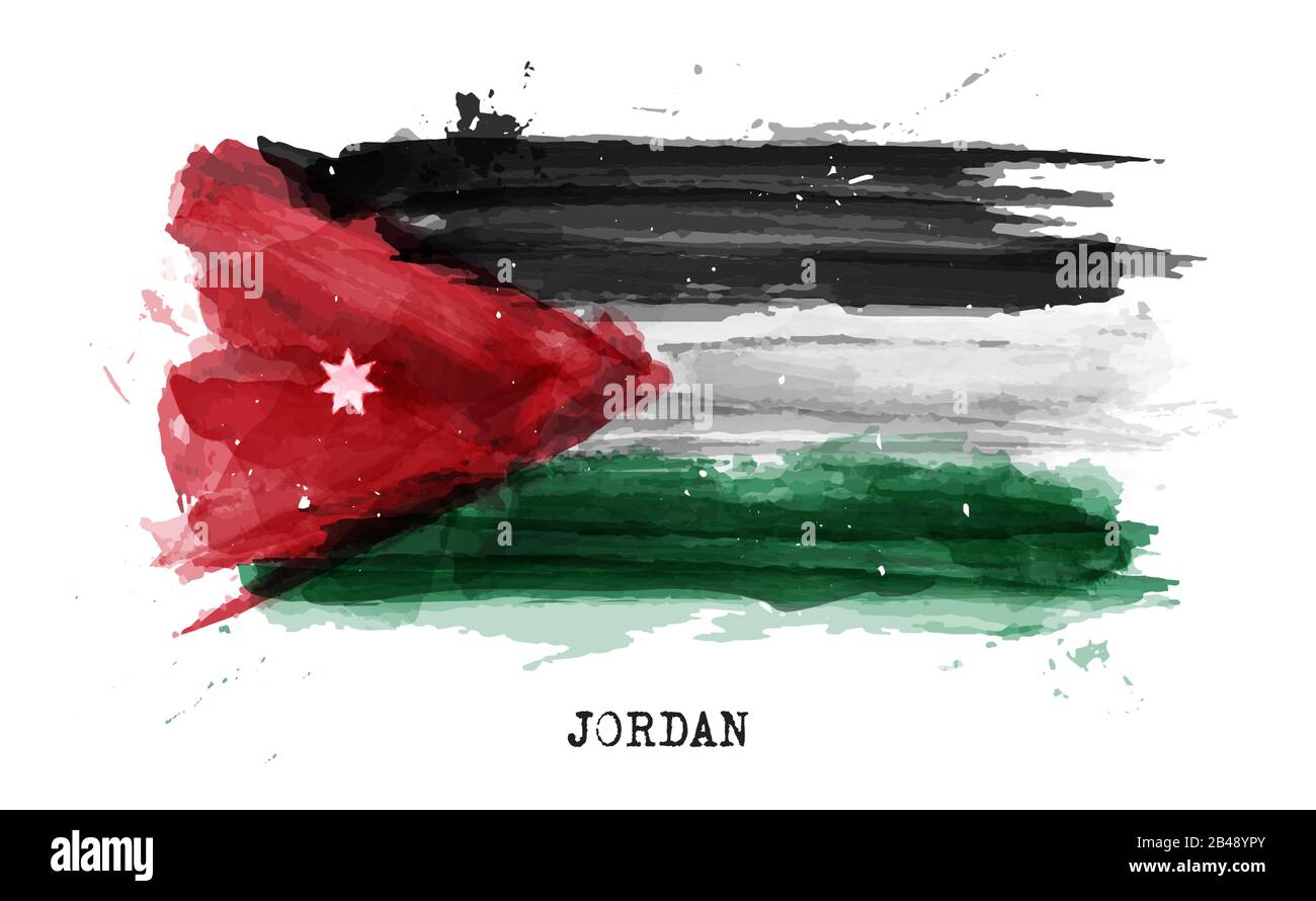 Realistic watercolor painting flag of Jordan . Vector . Stock Vector