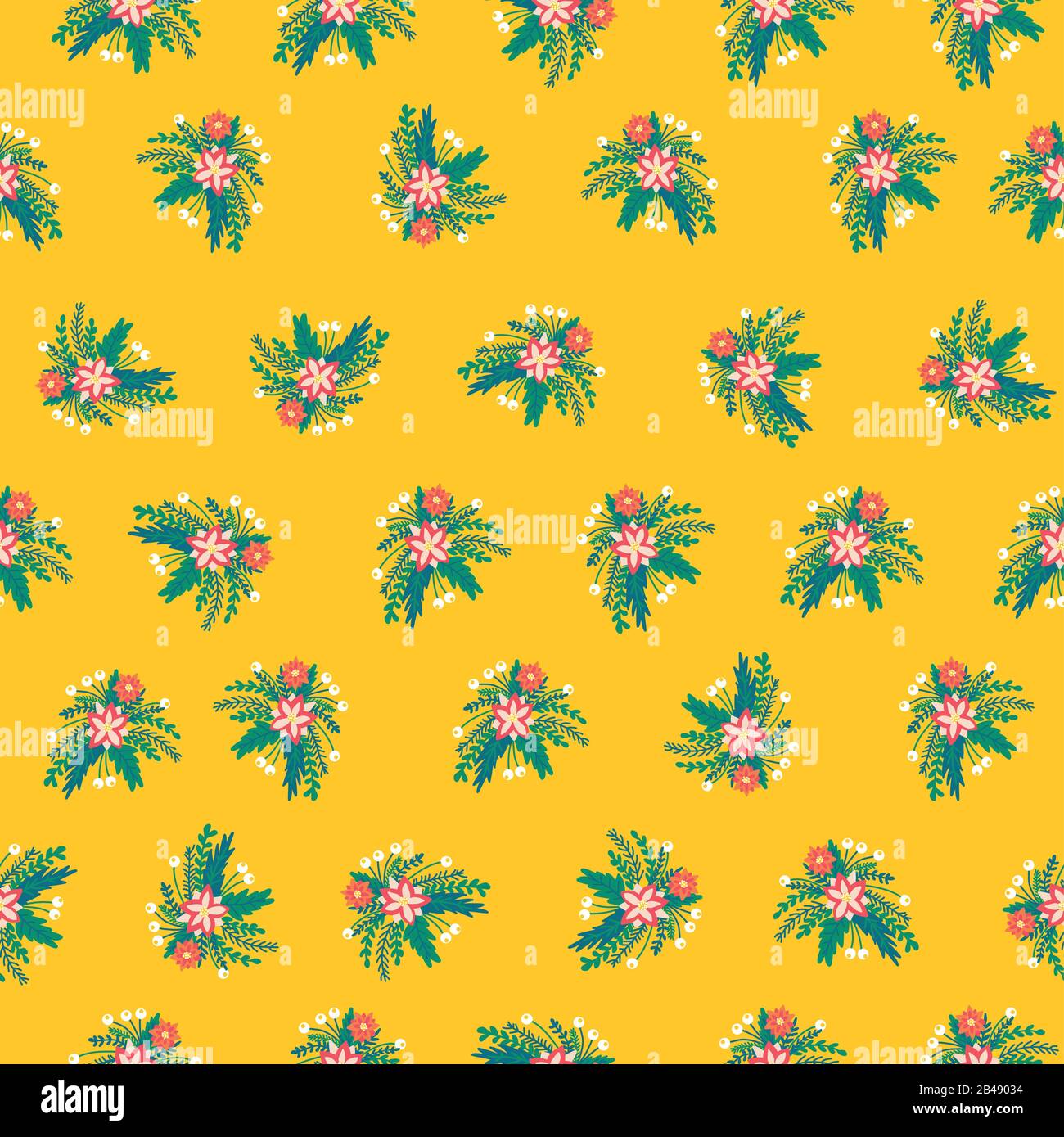 Summer flower bouquets seamless vector pattern. Ditsy florals on yellow background. Stock Vector