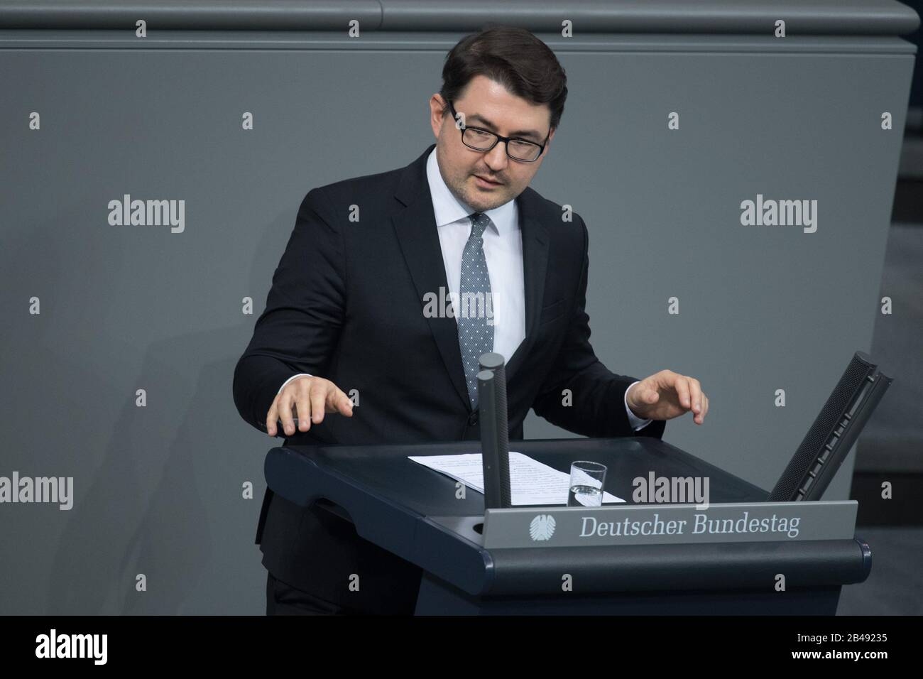 Berlin, Germany. 06th Mar, 2020. Christian Sauter (FDP) addresses the 150th session of the Bundestag. The topic 'German Armed Forces deployment in the Mediterranean (Sea Guardian)' will be debated. Credit: Jörg Carstensen/dpa/Alamy Live News Stock Photo