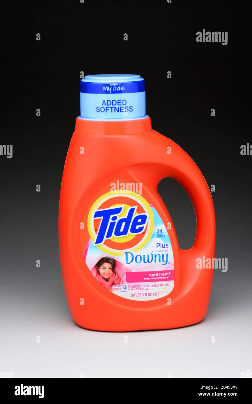 IRVINE, CA - January 11, 2013: A 50 ounce bottle of Tide Plus Downey Laundry Detergent. Tide has more than 30% of the liquid-detergent market, with mo Stock Photo