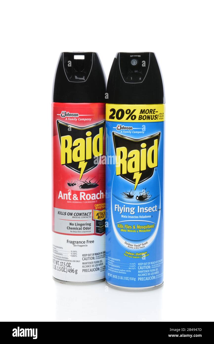 IRVINE, CA SEPTEMBER 08, 2014 Two cans of Raid Insecticide. Raid is
