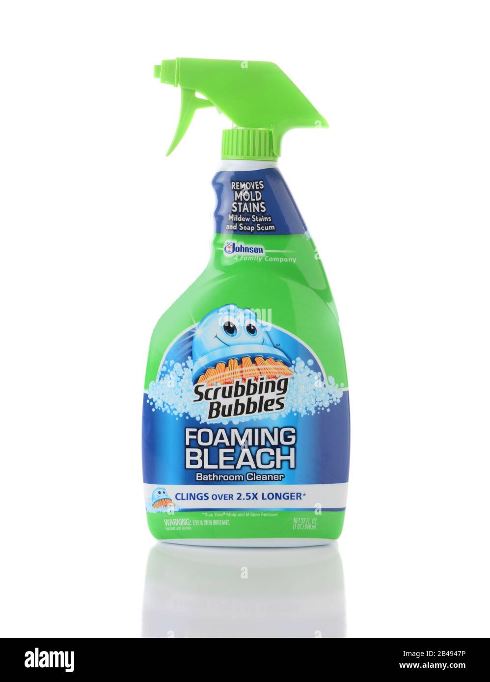 IRVINE, CA - JUNE 2, 2015: A bottle of Scrubbing Bubbles Foaming Bleach Bathroom Cleaner. Originally produced by Dow Chemical the brand is now owned b Stock Photo