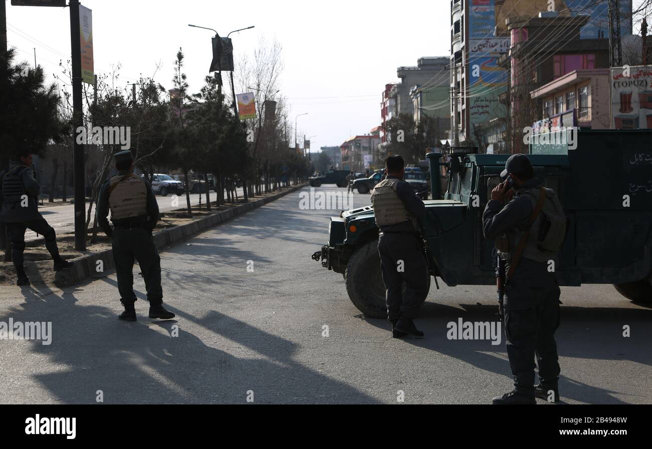 Kabul, Afghanistan. 6th Mar, 2020. Afghan security force members arrive