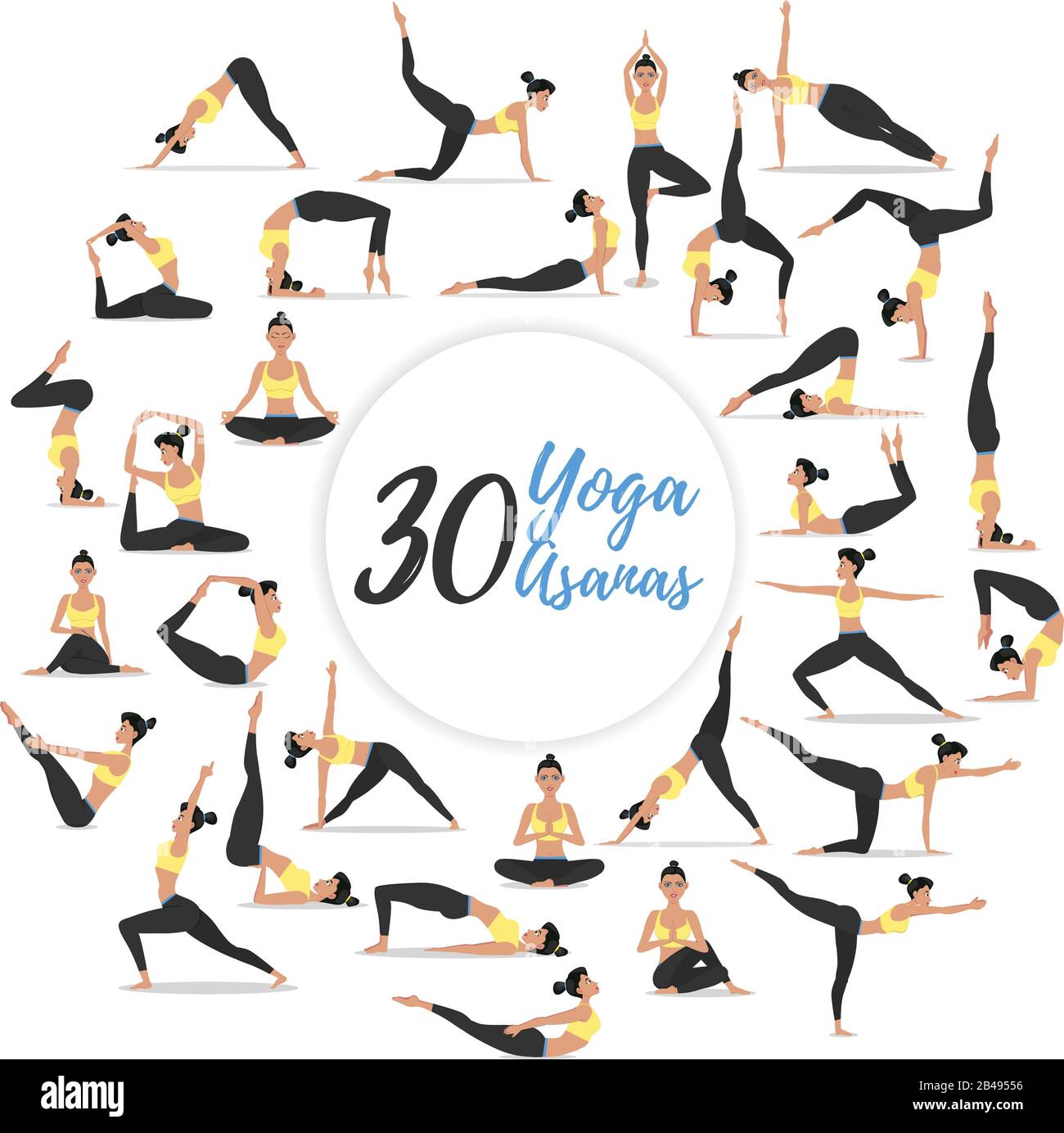 30 Yoga Poses and Fitness Exercises Illustration, Vectors