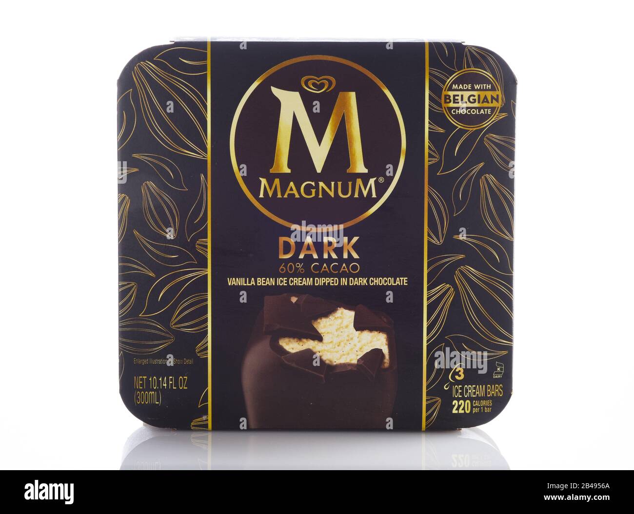 IRVINE, CALIFORNIA - MAY 6, 2019: A box of Magnum Dark Chocolate Ice Cream Bars. Launched in Sweden in 1989 as an upscale ice cream for the Nogger bra Stock Photo