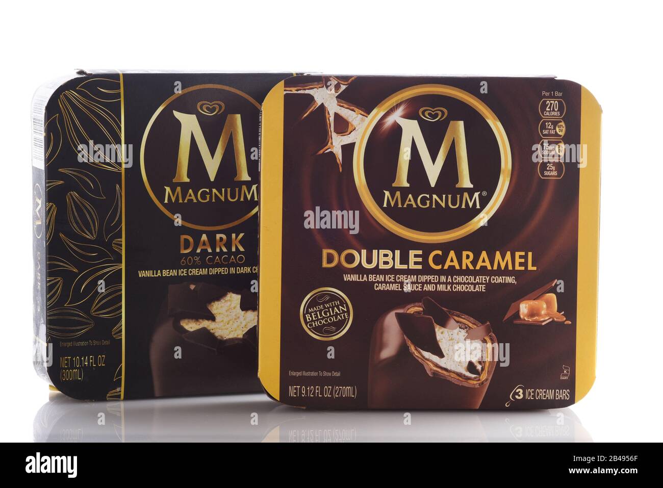 IRVINE, CALIFORNIA - MAY 6, 2019: Two boxes of Magnum Dark Chocolate and Double Caramel Ice Cream Bars. Launched in Sweden in 1989 as an upscale ice c Stock Photo