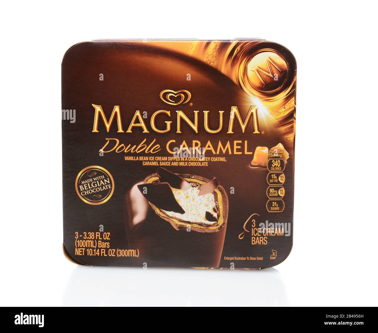 IRVINE, CA - SEPTEMBER 15, 2014: A box of Magnum Double Caramel Ice Cream Bars. Launched in Sweden in 1989 as an upscale ice cream for the Nogger bran Stock Photo
