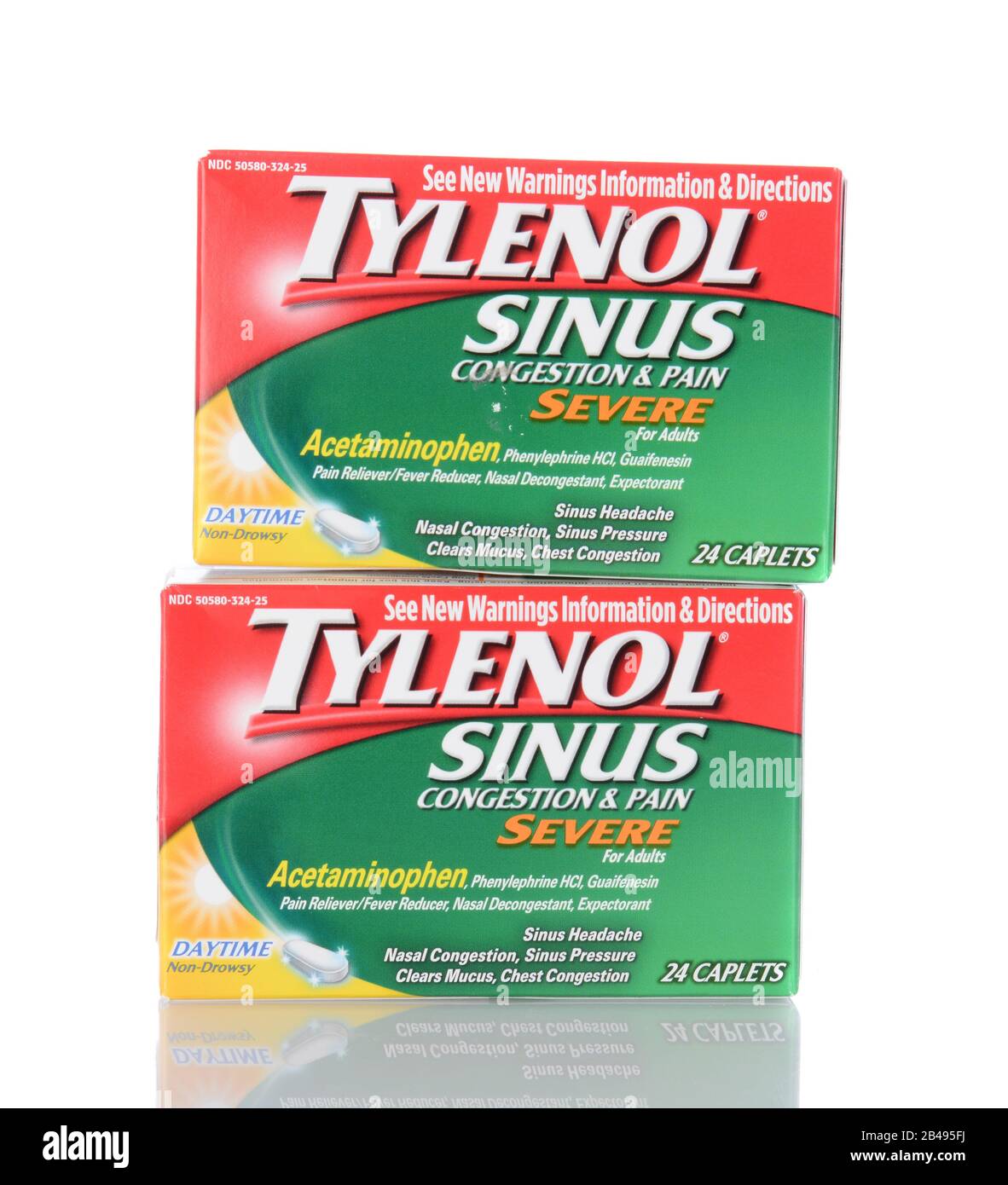 IRVINE, CA - January 05, 2014: Two boxes of 24 count Tylenol Sinus Daytime Caplets. Tylenol products are produced by McNeil Consumer Healthcare Divisi Stock Photo