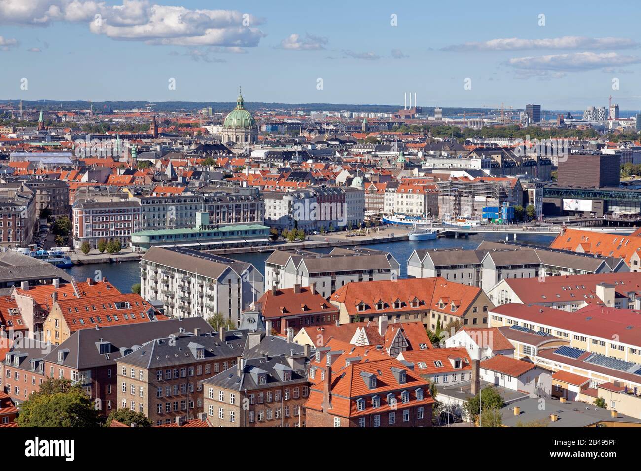 Aerial northerly view of Copenhagen, capital city, Denmark. residential Christianshavn, main inner harbour canal, Frederiksstaden, the North Harbour. Stock Photo