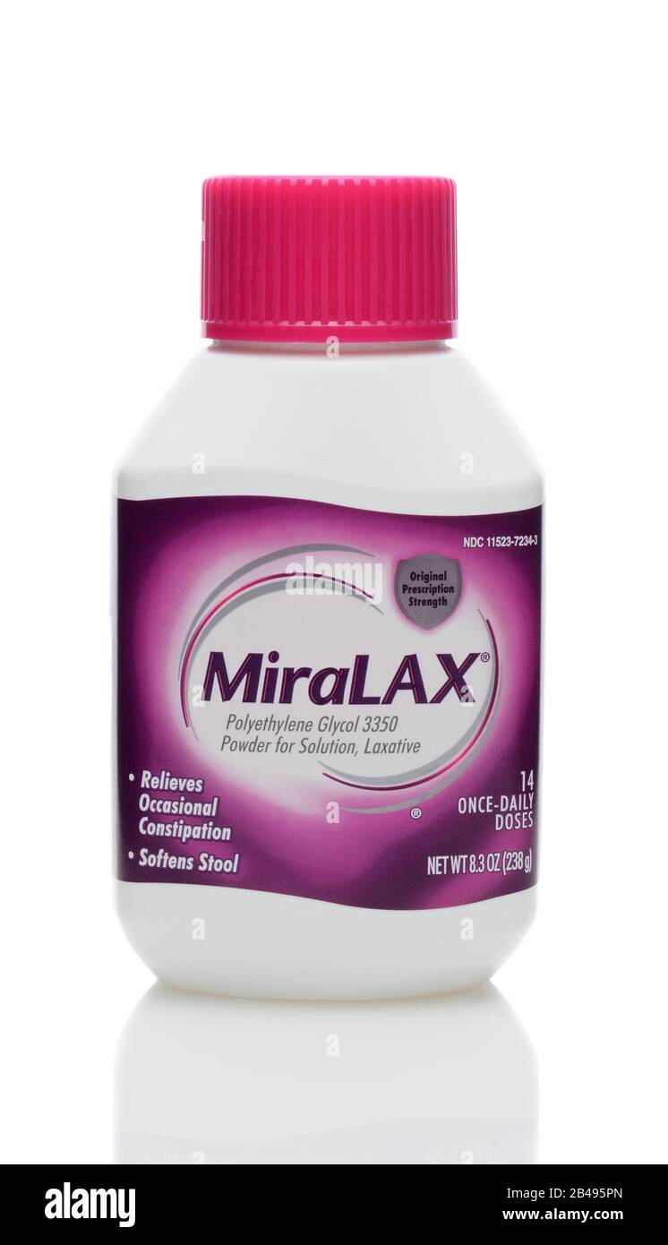 IRVINE, CA - JUNE 23, 2014: A 8 ounce bottle of MiraLax laxative. MiraLax is a polyethylene glycol powder for the treatment of occasional constipation Stock Photo