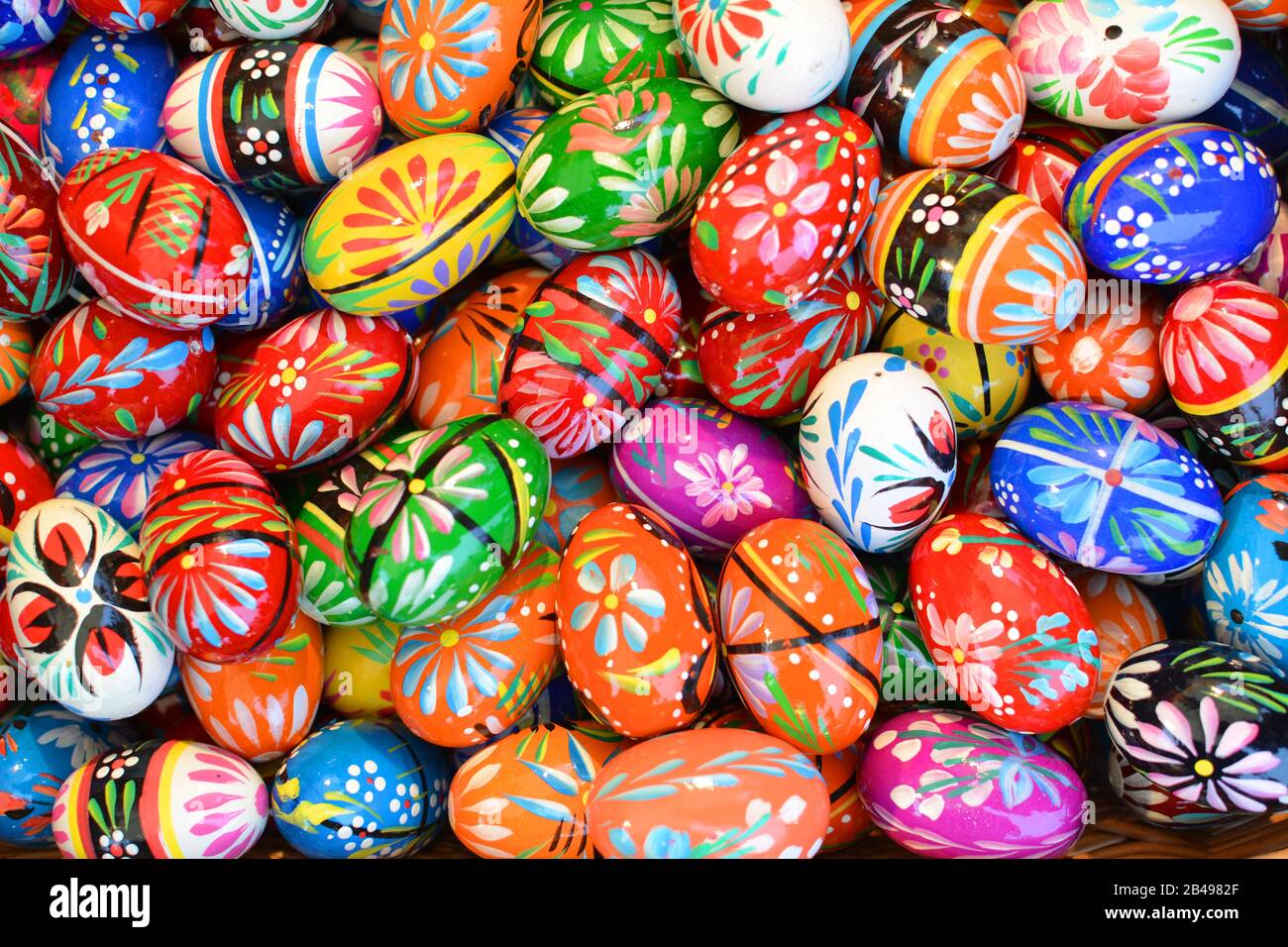 KRAKOW, POLAND - MARCH 29, 2015: Painted eggs 'pisanki' on Easter market. The annual Easter Fair in the Market Square is a popular tourist attraction Stock Photo