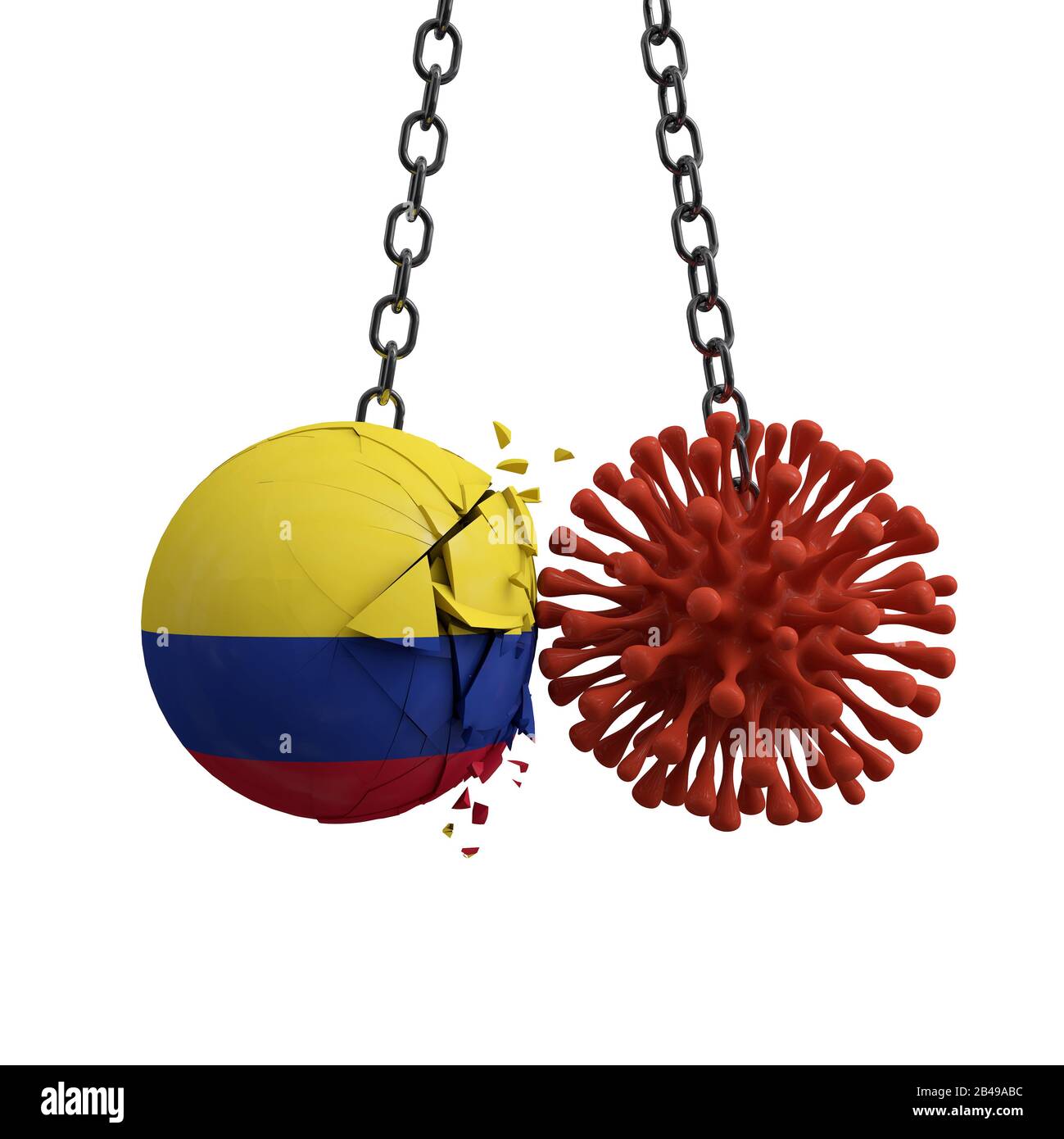 Colombia ball smashes into a virus disease microbe. 3D Render Stock Photo