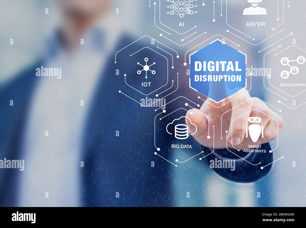 Digital disruption with emerging technologies such as internet of things (IoT), artificial intelligence (AI), big data analytics and blockchain fintec Stock Photo