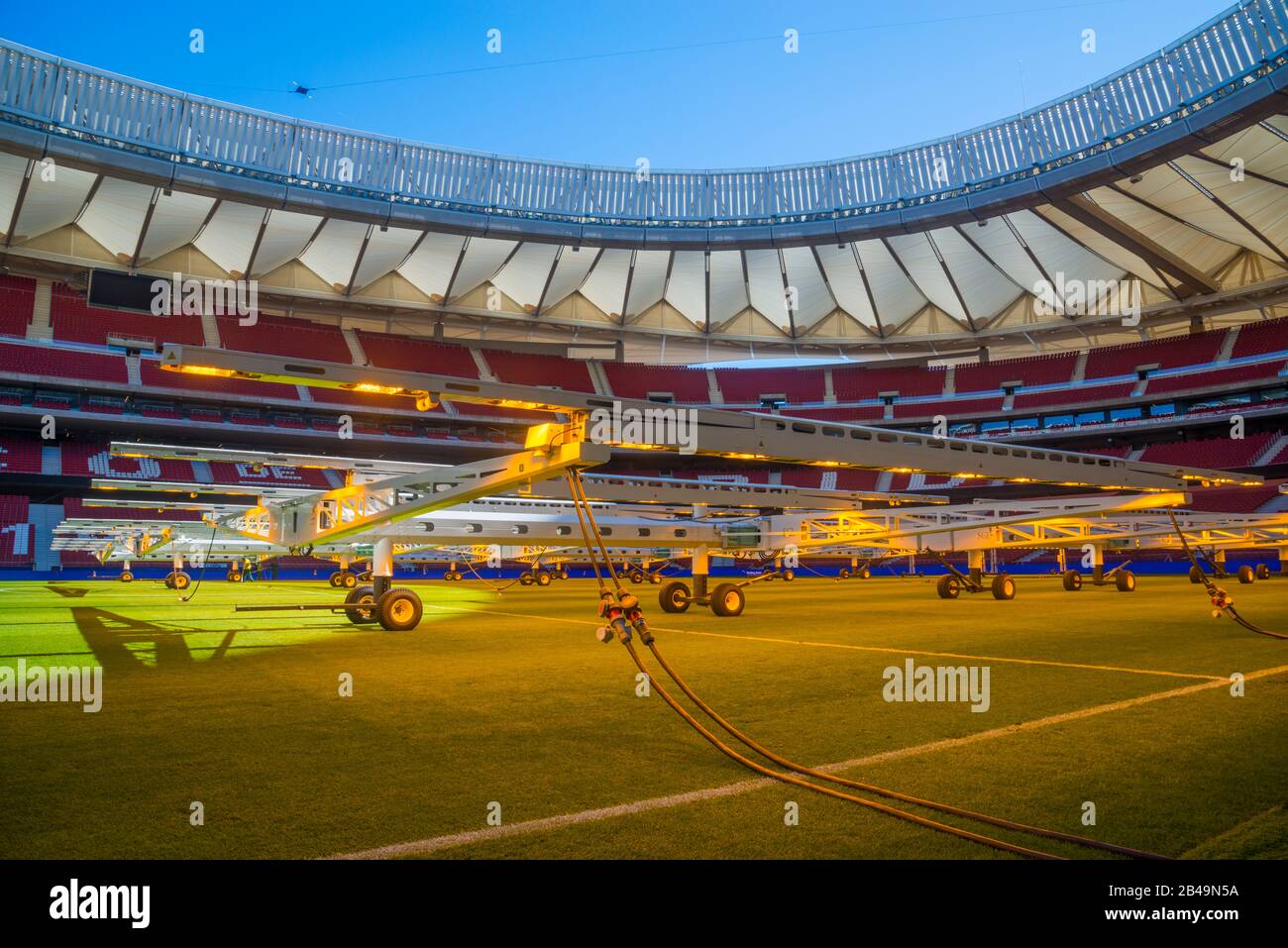 Preparing the field. Wanda Metropolitano stadium, Madrid, Spain. Stock Photo