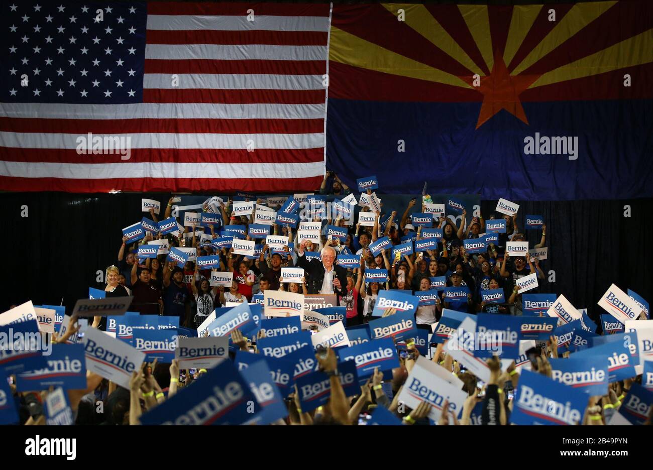 USA. 05th Mar, 2020. Democratic presidential candidate Sen. Bernie Sanders speaks at a campaign rally on March 5, 2020, at Veterans Memorial Coliseum in Phoenix. Democratic Presidential Candidate Sen Bernie Sanders (Photo by Rob Schumacher/Arizona Republic/Imagn/USA Today Network/Sipa USA) Credit: Sipa USA/Alamy Live News Stock Photo