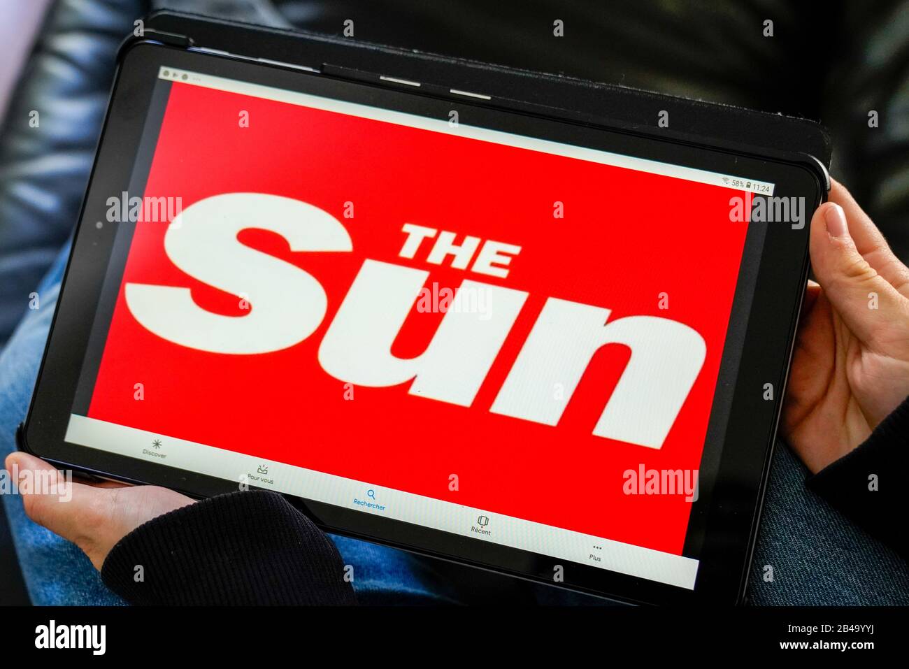 Bordeaux , Aquitaine / France - 11 27 2019 : Britain The Sun tabloid british best-selling newspaper in screen tablet Stock Photo