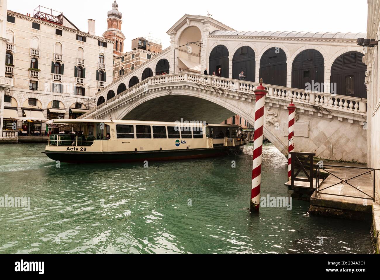 Venice, February 25th - March 3rd. 2020: Ponte Rialto, one of the most popular tourist attractions on the island without its normal hoard of tourists because they have cancelled their visit to Venics due to the Coronavirus epidemic. Stock Photo
