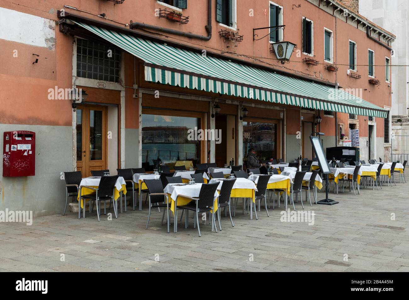 Venice, February 25th - March 3rd. 2020: Bars and restaurants  are suffering from a drastic drop in business as the Coronavirus epidemic scares tourist from visiting Vence and cancelling their trip. Restaurants and bars are laying off members of staff as trade has dropped off dramatically. Stock Photo