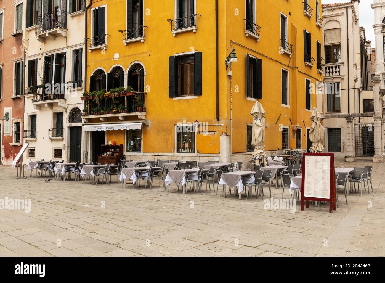 Venice, February 25th - March 3rd. 2020: Bars and restaurants  are suffering from a drastic drop in business as the Coronavirus epidemic scares tourist from visiting Vence and cancelling their trip. Restaurants and bars are laying off members of staff as trade has dropped off dramatically. Stock Photo