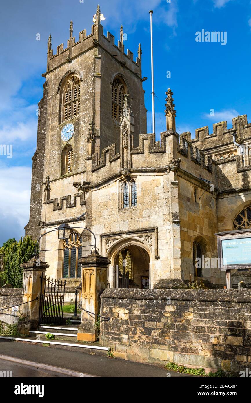 Front facade and bell tower of St Peters Church (circ. 1450's), Winchcombe, Gloucestershire, England, UK Stock Photo