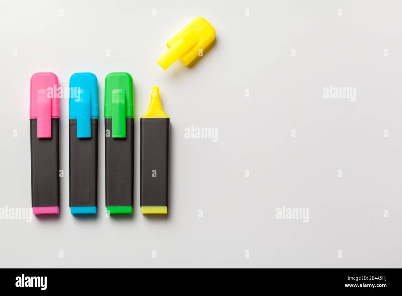 Multicolored highlighters. Isolated on white background close up Stock Photo
