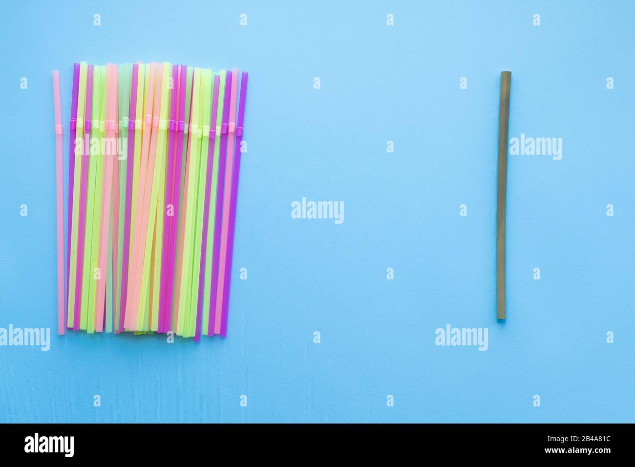 Four Drinking Straw Pink Blue Yellow Green Striped Stock Photo