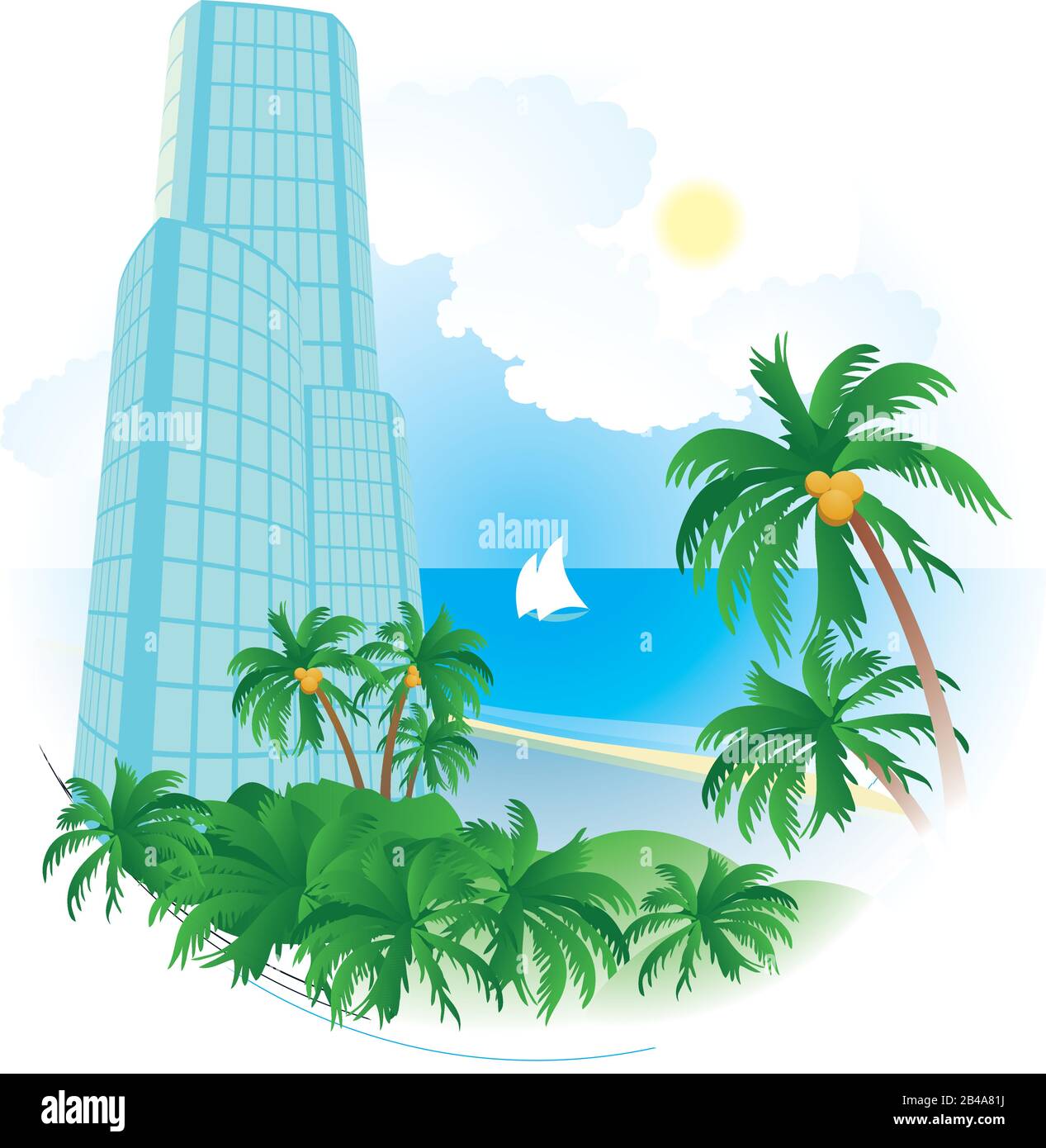 Illustration of a hotel with palm trees, sea and beach, with nice background vector Stock Vector
