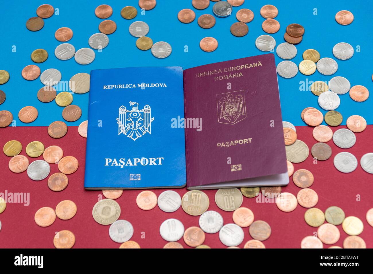 Dual citizenship concept. The Romanian and Moldovan passport. Coloseup of Romanian and Moldovan passport. Multiple citizenships, dual citizenship, mul Stock Photo