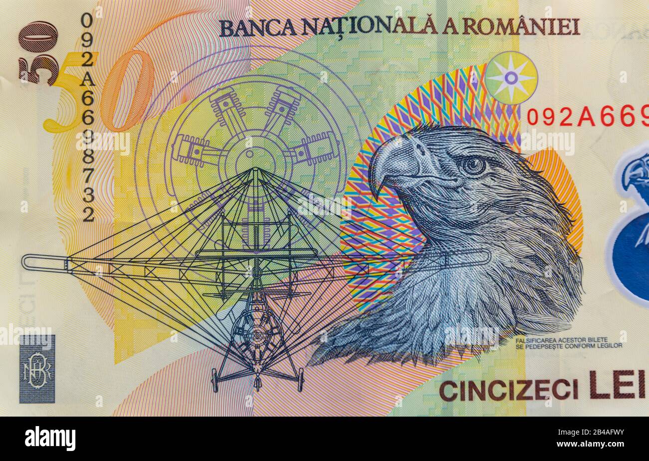 Romanian currency - close up of the 50 RON banknote. Coloseup of RON, Romanian Currency. Romanian RON, Lei Banknotes issued by BNR, National Bank of R Stock Photo