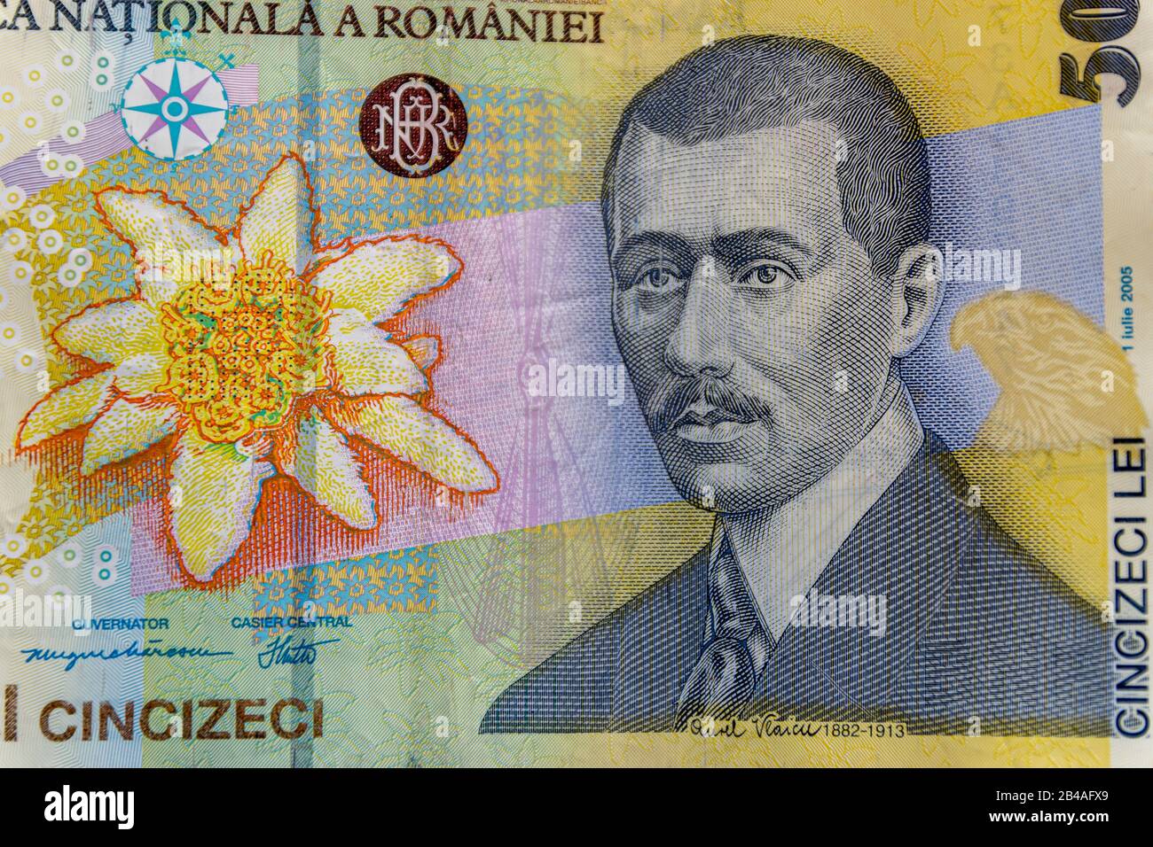Aurel Vlaicu portrait on the 50 RON banknote. Coloseup of RON, Romanian Currency. Romanian RON, Lei Banknotes issued by BNR, National Bank of Romania. Stock Photo