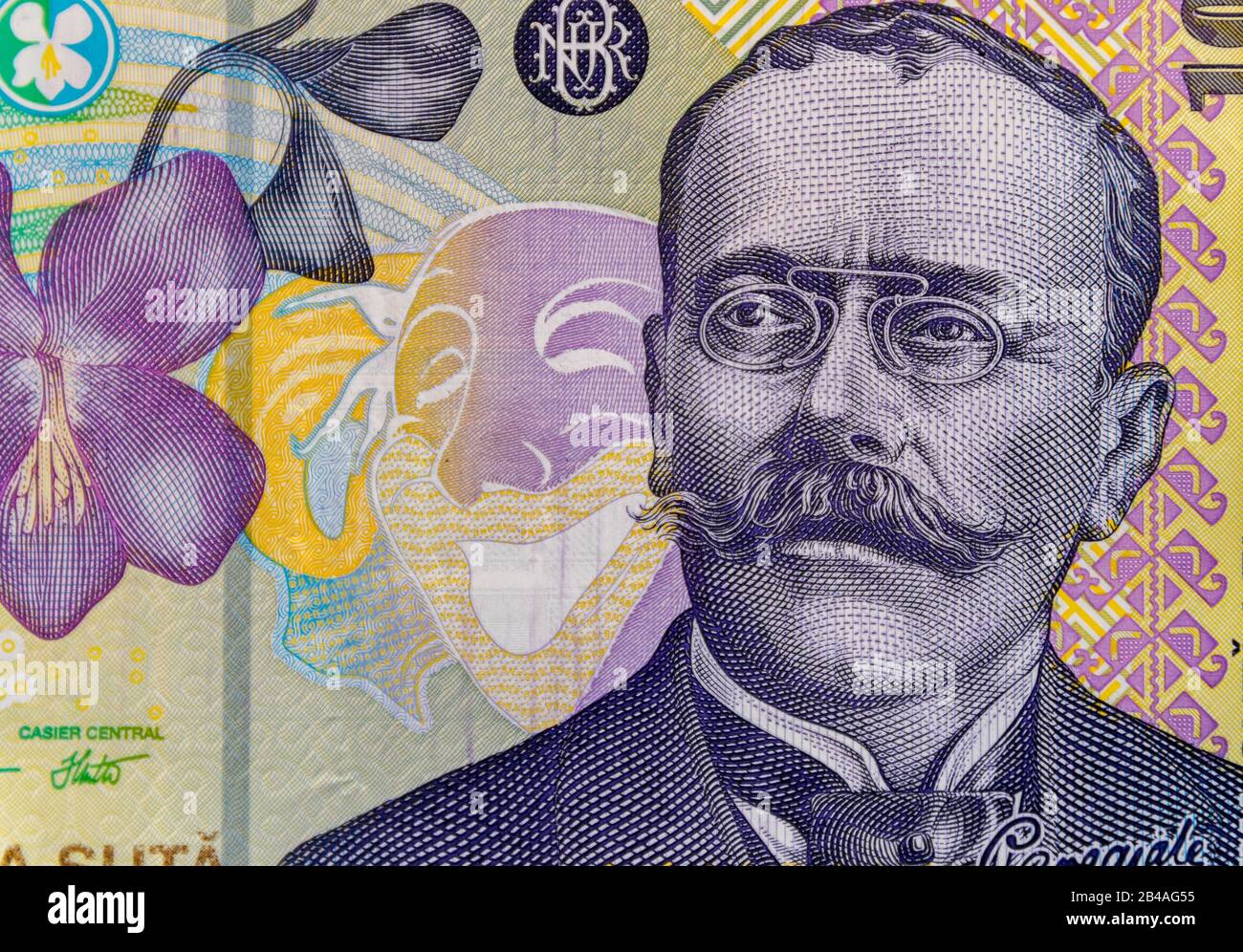Ion Luca Caragiale portrait on the 100 RON banknote. Coloseup of RON, Romanian Currency. Romanian RON, Lei Banknotes issued by BNR, National Bank of R Stock Photo