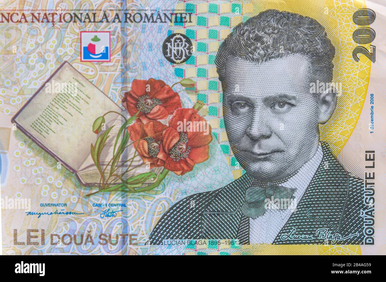 Lucian Blaga portrait on the 200 RON banknote. Coloseup of RON, Romanian Currency. Romanian RON, Lei Banknotes issued by BNR, National Bank of Romania Stock Photo